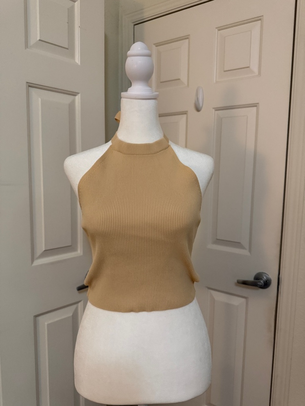 Zara Ribbed Halter Crop Top - Camel/Tan